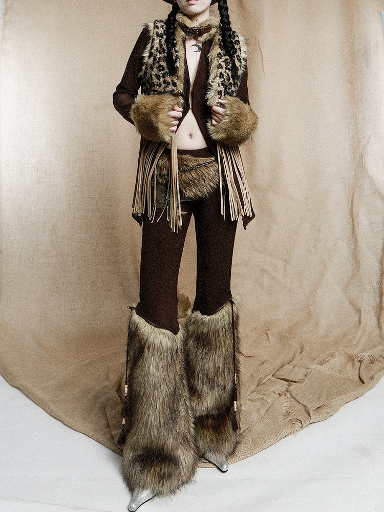 Buckle Strap Dark Coffee Wasteland Punk Top with Plush Collar and Cuffs