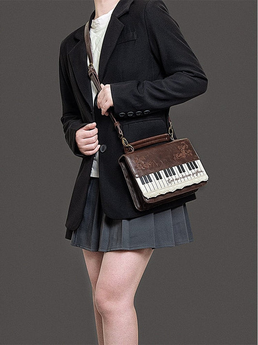 Vintage Small-Sized Brown Piano-Themed Crossbody & Backpack Briefcase With Embroidered Floral Accents