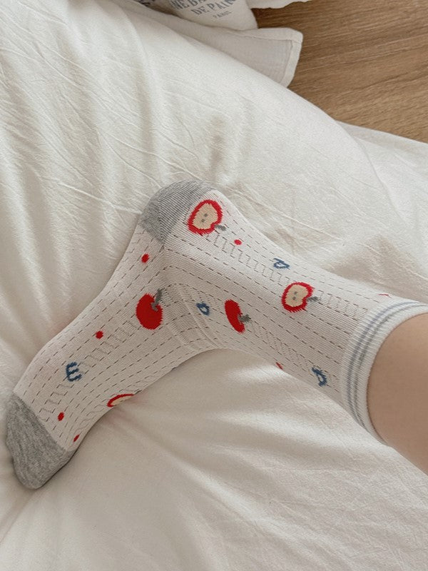 4 Options White/Grey Puppy/Star/Apple Print Calf Socks