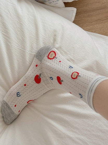 4 Options White/Grey Puppy/Star/Apple Print Calf Socks