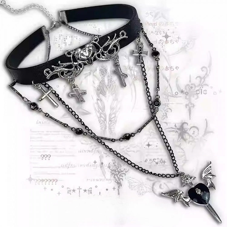 Black Bittersweet Cross And Heart Pendant Choker