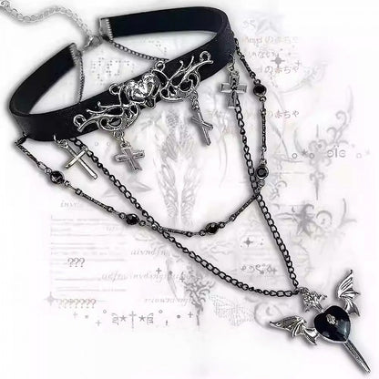 Black Bittersweet Cross And Heart Pendant Choker