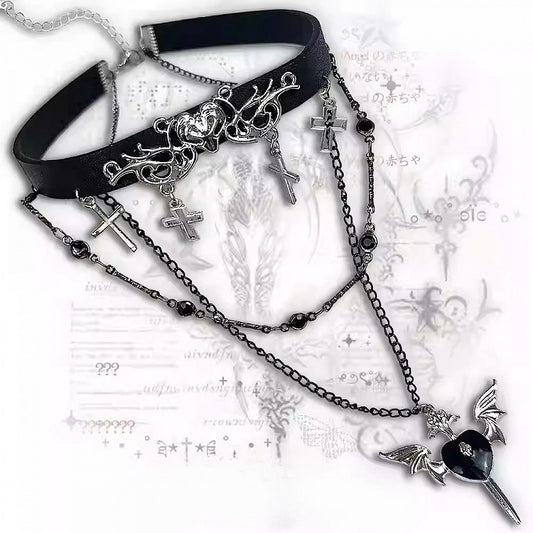 Black Bittersweet Cross And Heart Pendant Choker
