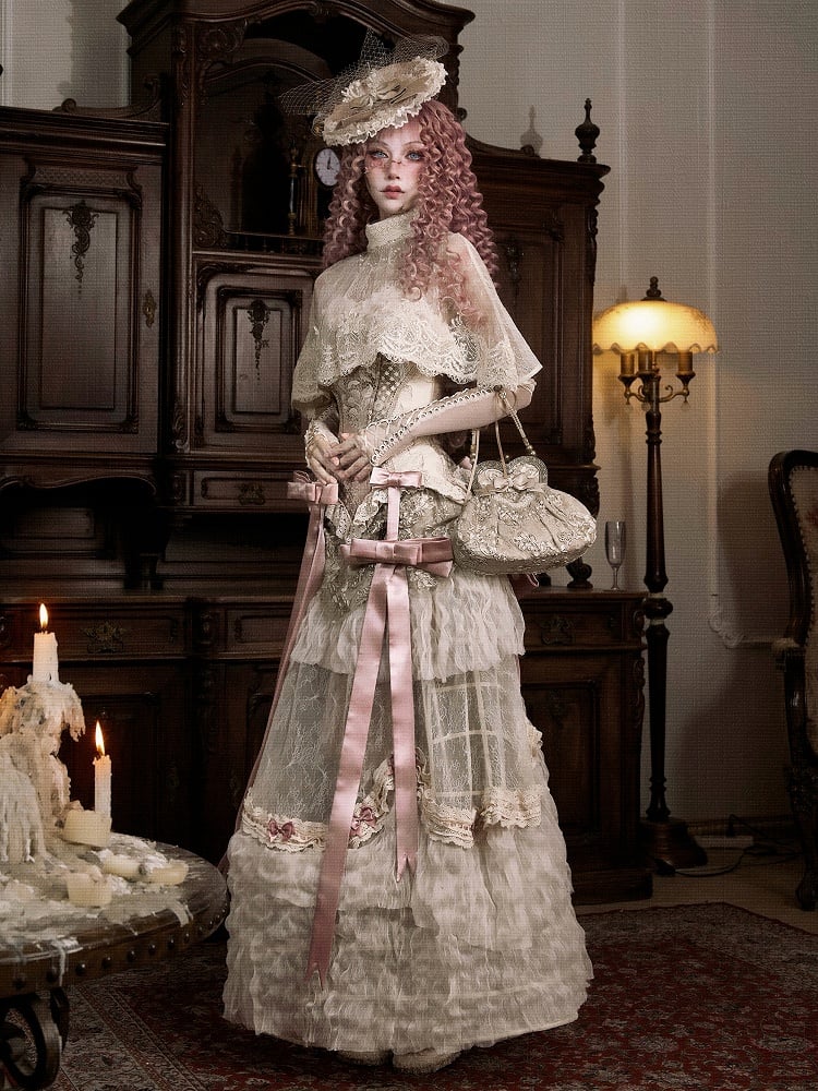 Light Cream Bead Tassels High Collar Victorian Lace Shawl Cape