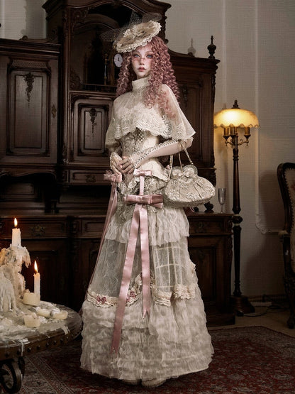 Light Cream Bead Tassels High Collar Victorian Lace Shawl Cape