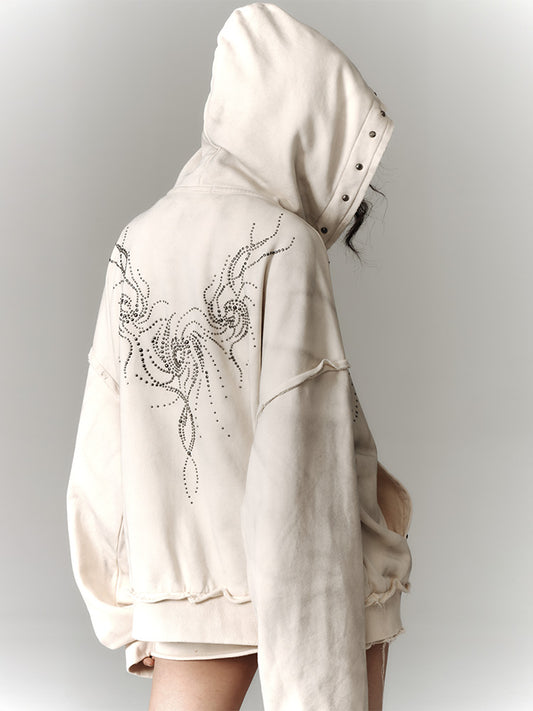 Wasteland Punk Studs Design Beige Washed Loose Casual Zip Hoodie