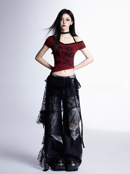 Y2K Red Halter Neck Asymmetrical Neckline and Hem Rock Punk Graphic Cropped T-shirt
