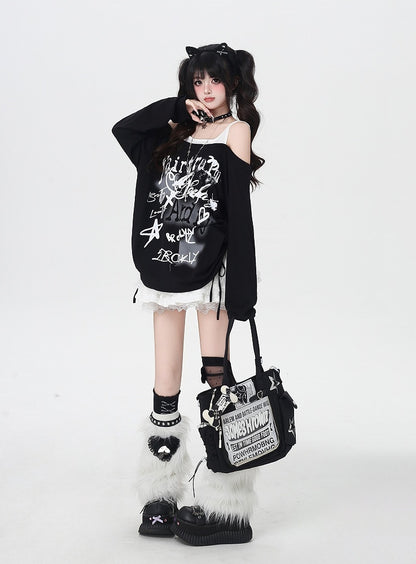 Y2K Star Print Open Shoulder Black/White Top Faux Two-pieces