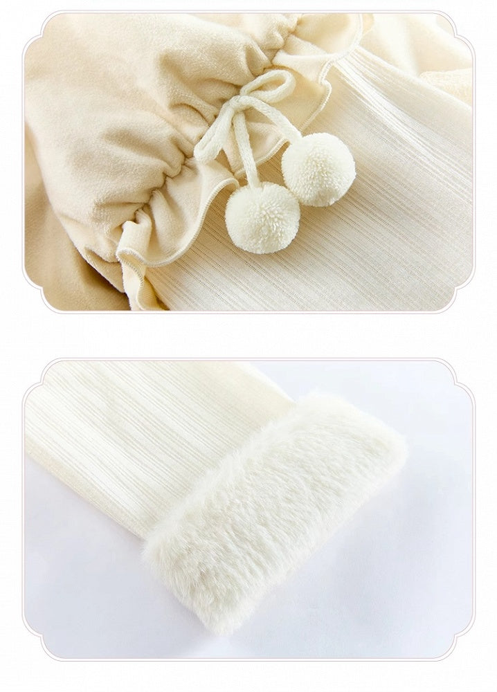 Beige Floral Embroidery Bodice Long Sleeves Lolita Dress Plush Neckline and Cuffs