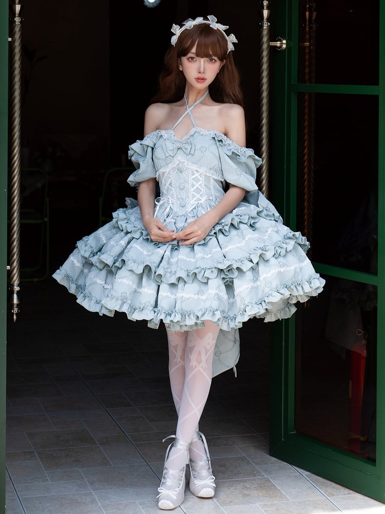Green Corset Waist Dress Ruffle Skirt Princess Lolita OP with Big Bow at Back