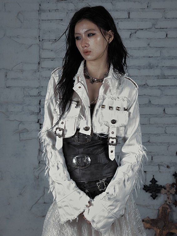 White Wasteland Punk Studs And Buckle Decorated Cropped Jacket