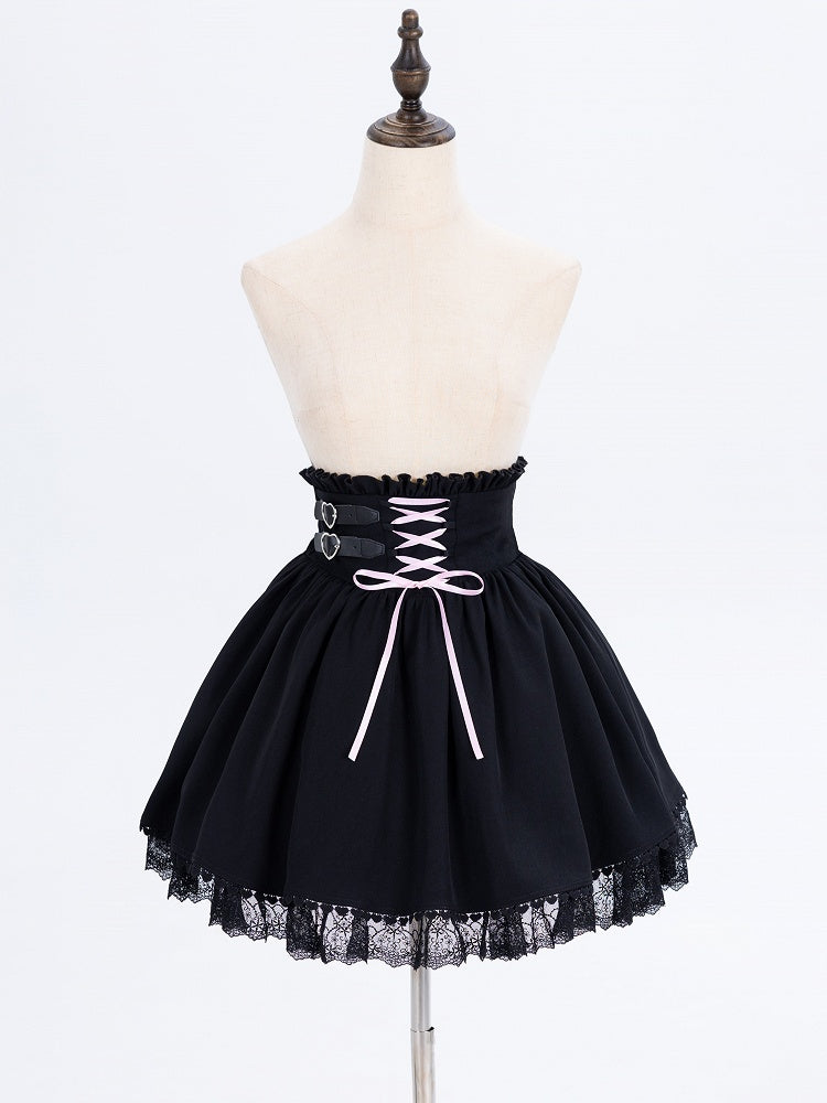 Jirai Kei High Waist Black Skirt Shirring Back Lace-up Front