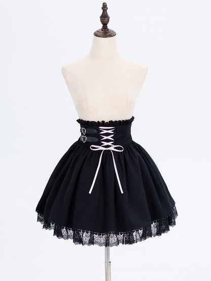 Jirai Kei High Waist Black Skirt Shirring Back Lace-up Front