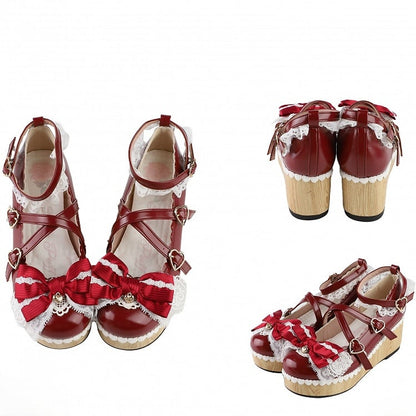 Red Bow at Top Crisscross Design Heart Buckles Lace Trim Platforms