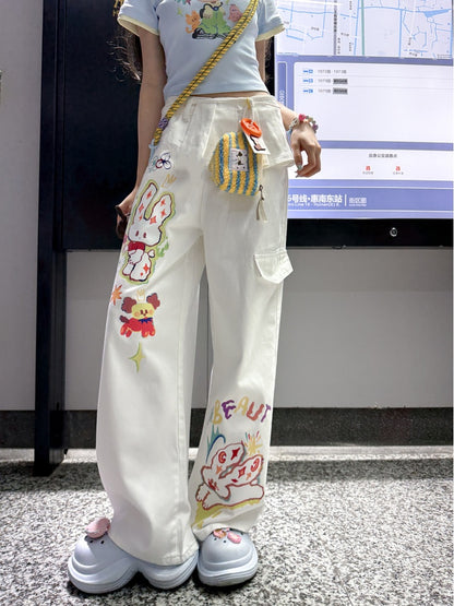 Cartoon Bunny Print White Low Waist Wide-leg Jeans
