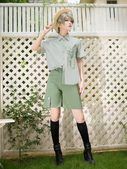 Season of Blossoms Bouquet Embroidery Ouji Lolita Green Shirt