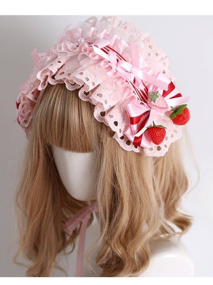 Pink/Red Sweet Lolita Strawberry Decorated Striped Pattern Bowknot Details Ruffled Hairband