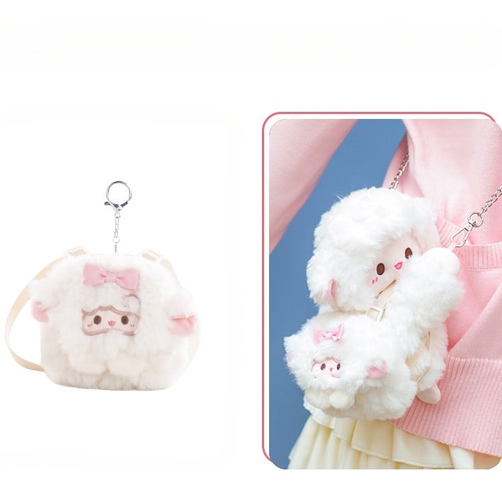 Cute Little Lamb White Plush Backpack/Crossbody Bag + Keychain
