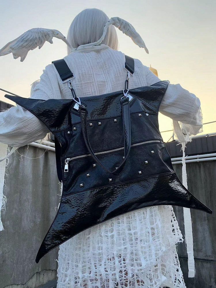 Gothic Punk Studs Black Four-pointed Star Large Capacity PU Bag