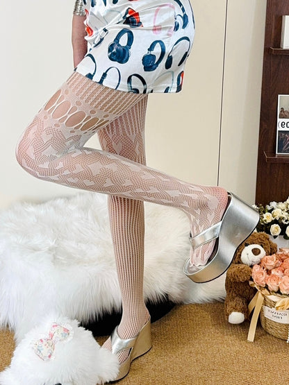 Black/White/Gray/Brown Asymmetrical Design Cut-out Details Tights