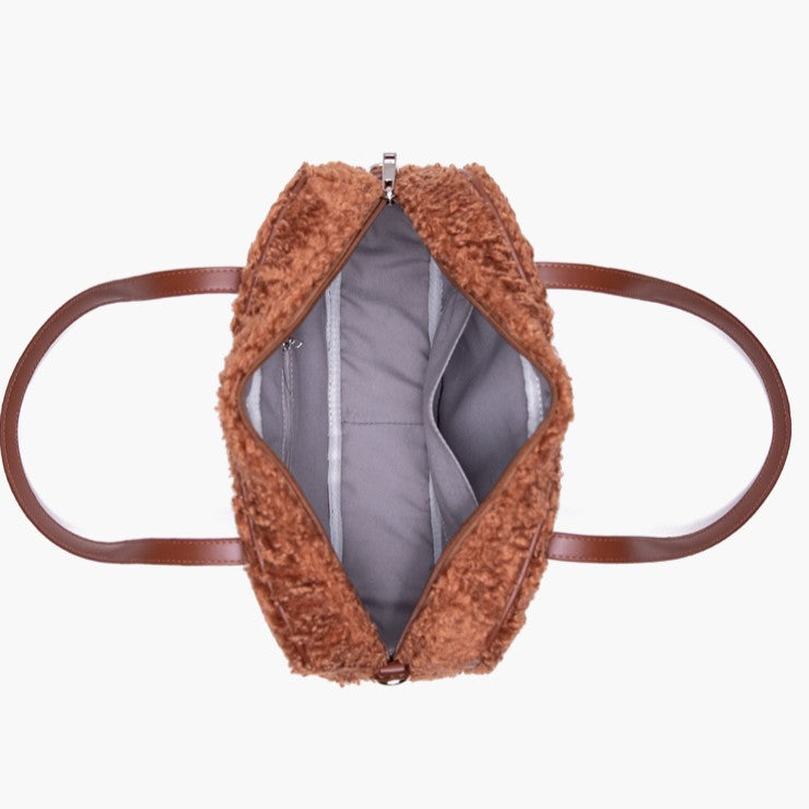 Brown Faux Teddy Fur Baguette Bag with Heart Tag