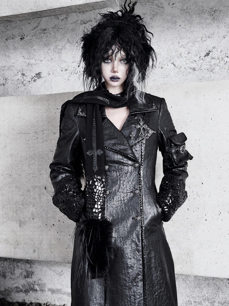 Black Fanx Fur and Snakeskin Grain Cross Shaped Panels Scarf