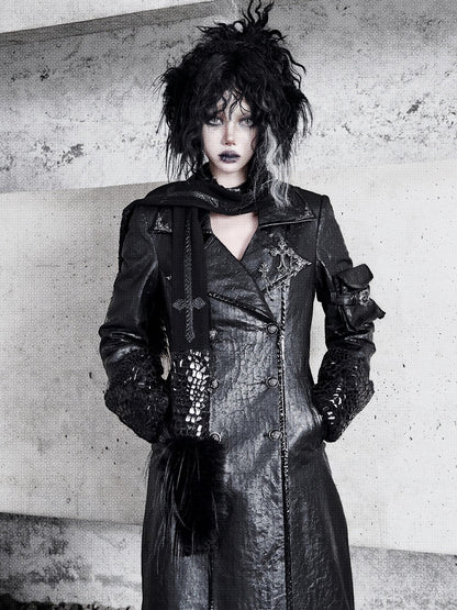 Black Fanx Fur and Snakeskin Grain Cross Shaped Panels Scarf