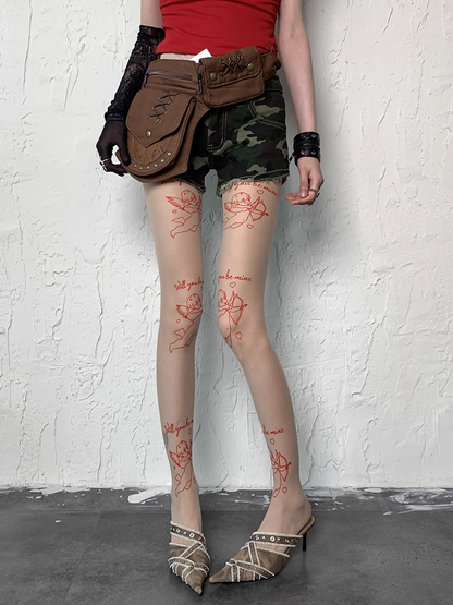 Y2K Nude Cupid Print Tights