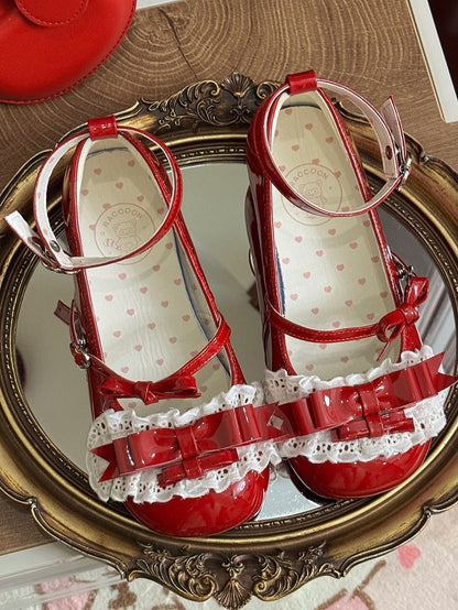 Sweet Red Lolita Low Heels - PU Leather with Delicate Ruffled Lace & Heart Fastener