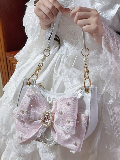 Sweet White Lolita Shoulder Bag in Satin - Rhinestone & Beads Embellished Lace Bow