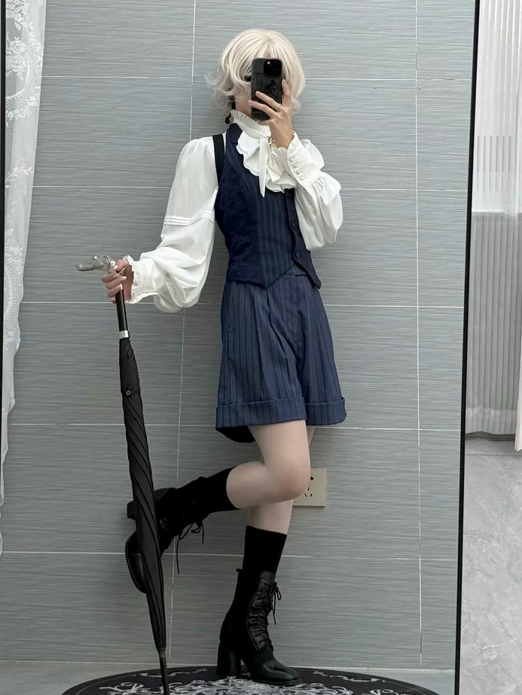 Striped Fabric Dark Blue Ouji Lolita Straight-leg Shorts
