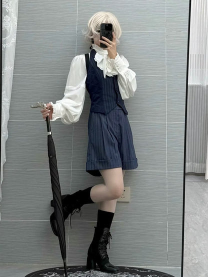 Striped Fabric Dark Blue Ouji Lolita Straight-leg Shorts