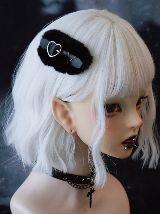 Black Gothic Pin Decorated Heart Buckle Plush Hairclip