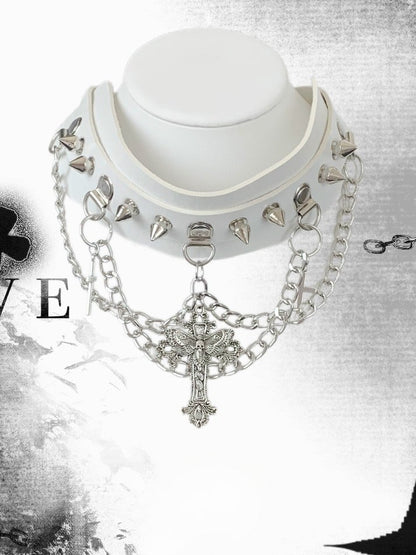 Black/White/Gray Studs Details Cross Charm Choker