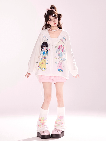 Y2K Cartoon Girl Print White Zip-up Hooded Jacket