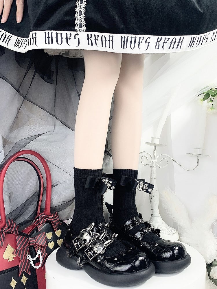 Skeleton Bunny Buckles Crack Black Punk Mary Janes