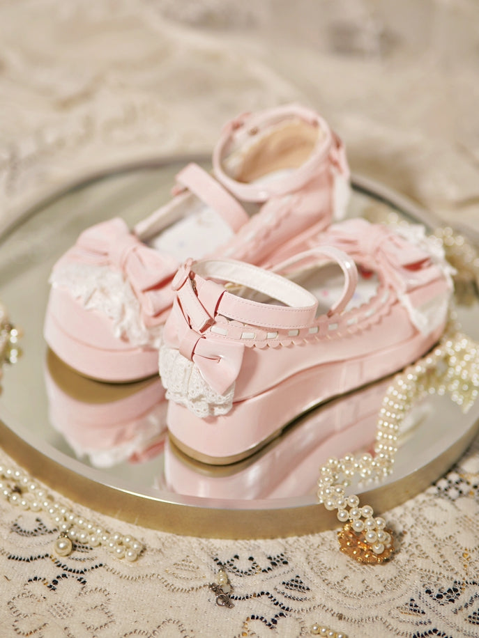 Baby Pink Bow at Top Lace Trim Heart Buckles Platforms