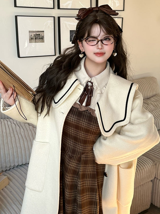 Plus Size Milk White Sailor Collar Heart Buttons Woolen Coat