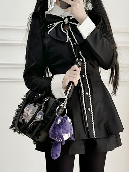 Jirai Kei Black Beaded Heart Decorated Bowknot Lace Trim Ita Bag with Free PVC Card Holder