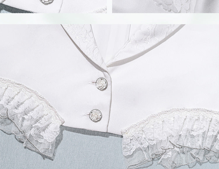 White Lace Trim Hemline and Cuffs Cropped Blazer