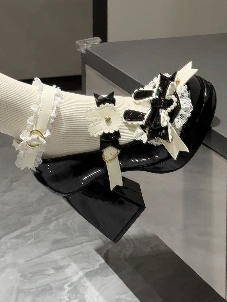 Polished Black Sweet Lolita Bunny Decorated Bowknot Details Lace Trim Platform High Block Heels