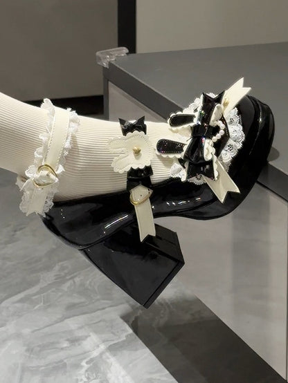 Polished Black Sweet Lolita Bunny Decorated Bowknot Details Lace Trim Platform High Block Heels