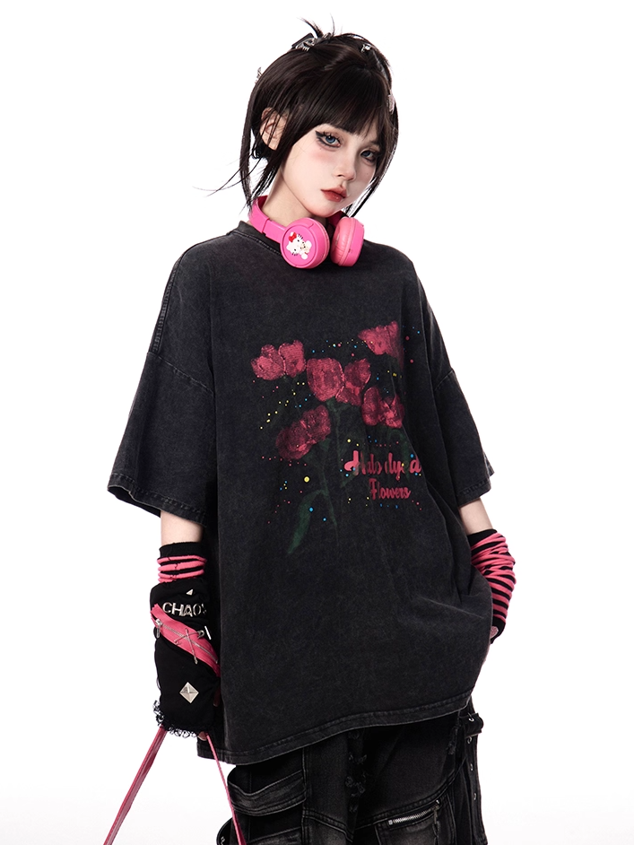 Red Rose Print Black Faded Wash Distressed Oversize T-shirt
