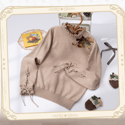 Pinecone Embroidery Neckline Lace-up Cuffs Khaki Autumn Knit Top