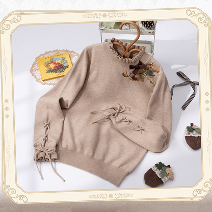 Pinecone Embroidery Neckline Lace-up Cuffs Khaki Autumn Knit Top