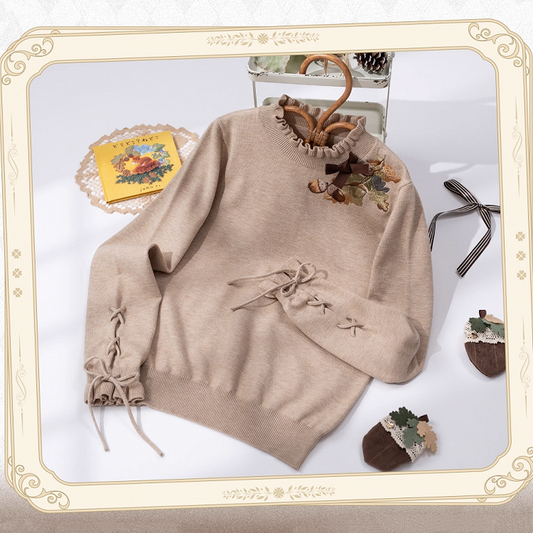 Pinecone Embroidery Neckline Lace-up Cuffs Khaki Autumn Knit Top