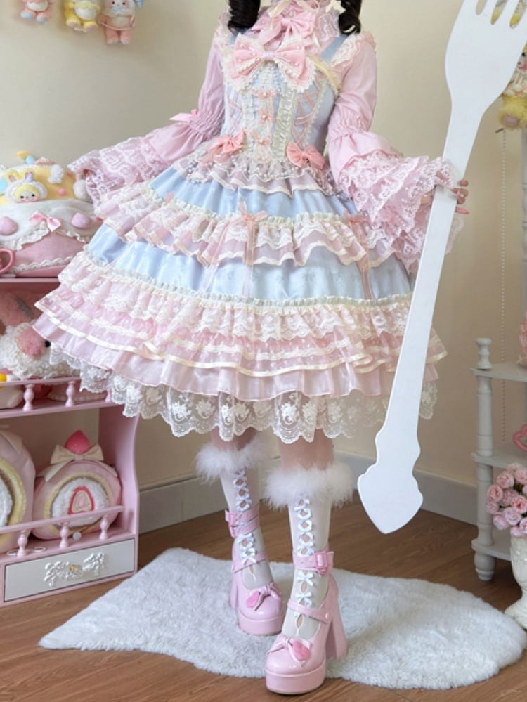Blue Bead Chain Bows Decorated Hanayome Lolita Princess Dress