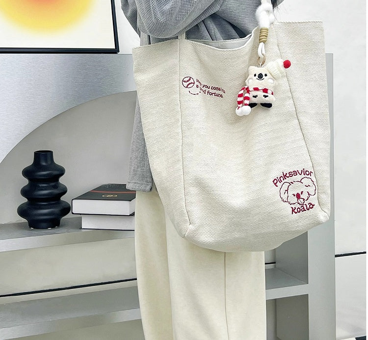 2 Options Koala Embroidery Beige Open Top Shoulder Bag