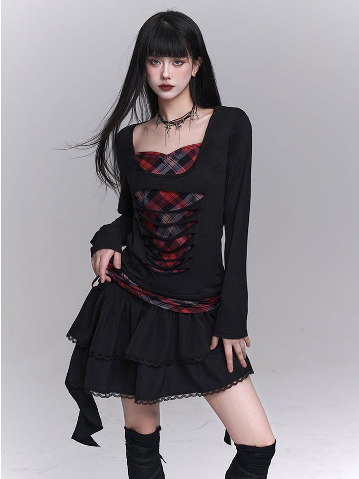 Sweetheart Neckline Distressed Holes Faux Two-pieces Red Plaid Top