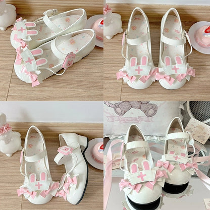 Medical Rabbit Themed White Mary Janes in PU - Low-heel Design, Nurse Cap with Rabbit Ears & Magic Tape